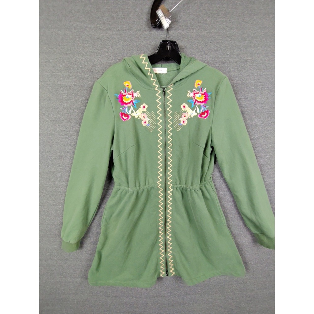 Solitaire Womens Jacket M Green Embroidered Floral Hoodie Full Zip Boho Cottage